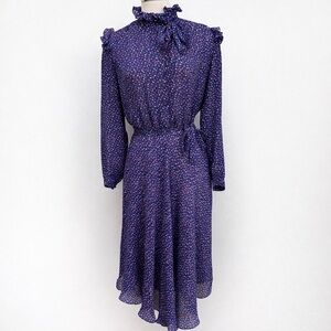 Neiman Marcus Vintage Dress Robbie Bee Ruffle Floral Sheer Midi Navy Size 9 10